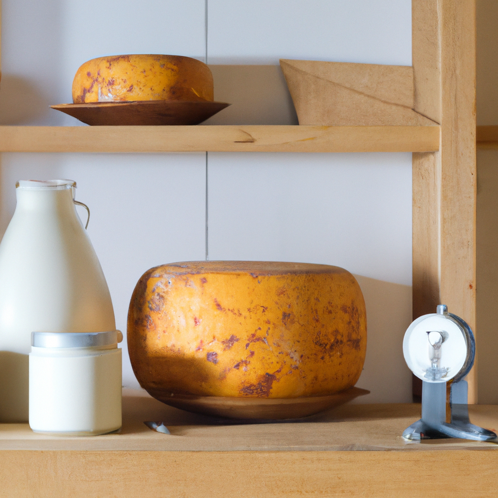 Roue de fromage affinée sur étagères en bois, studio lumineux, détails élevés
