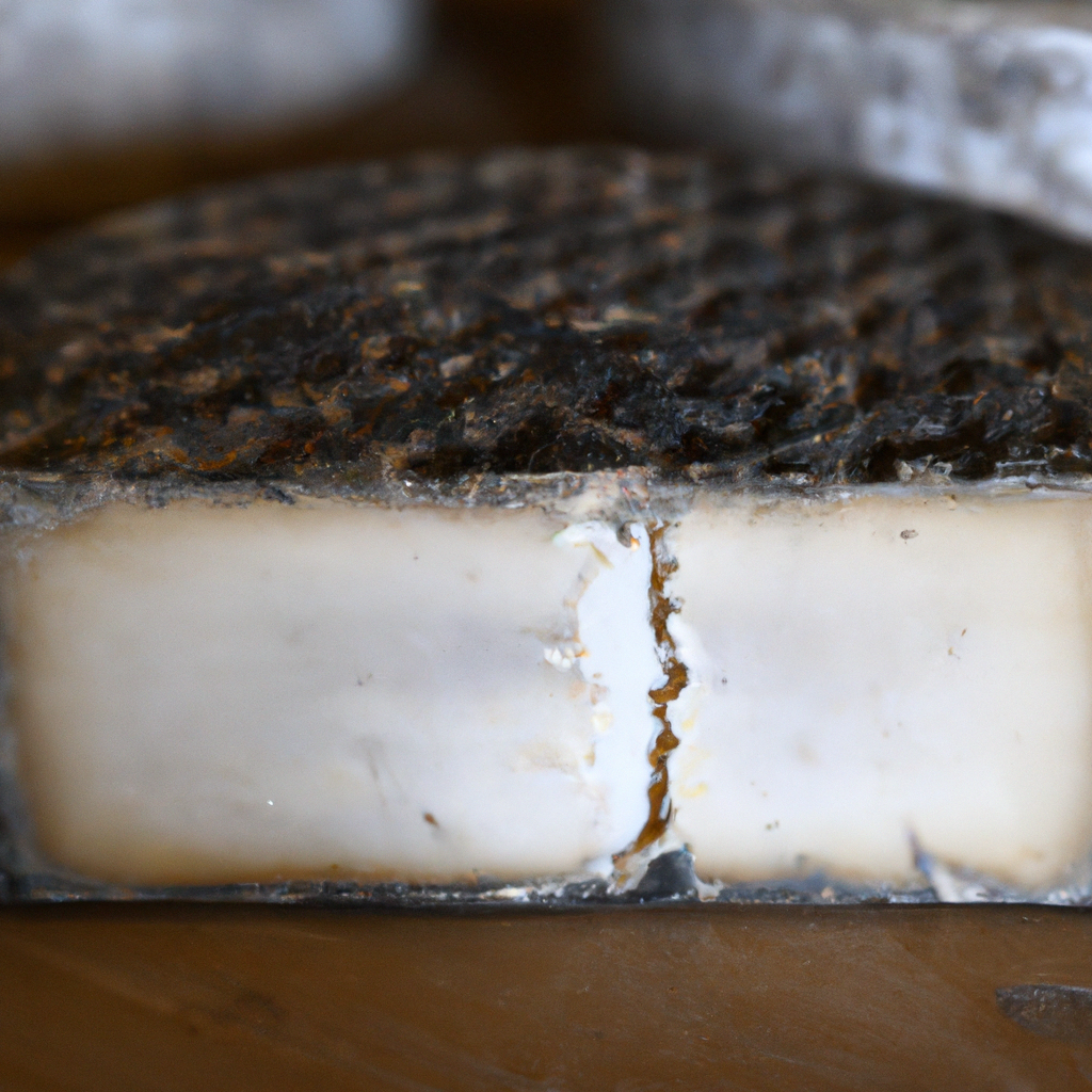 Cave d’affinage: étagères en bois avec tommes à croûte fleurie et contrôles d’humidité, lumière douce.
